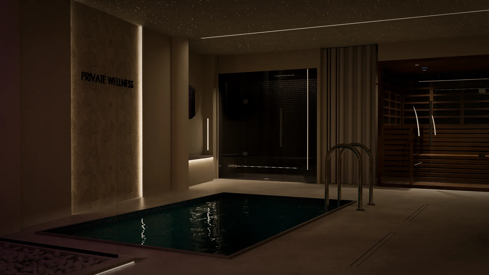 private wellness facility include pool, sauna and a steam room in birmingham