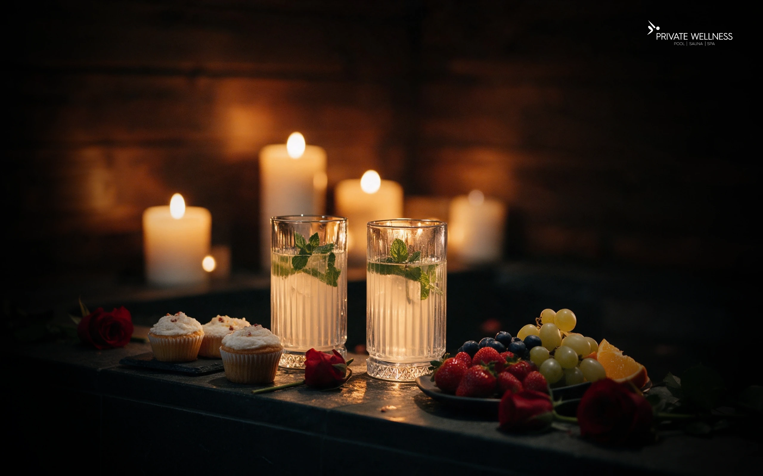 mocktails, cupcakes and fruit platter from the Romantic Pack at Private Wellness