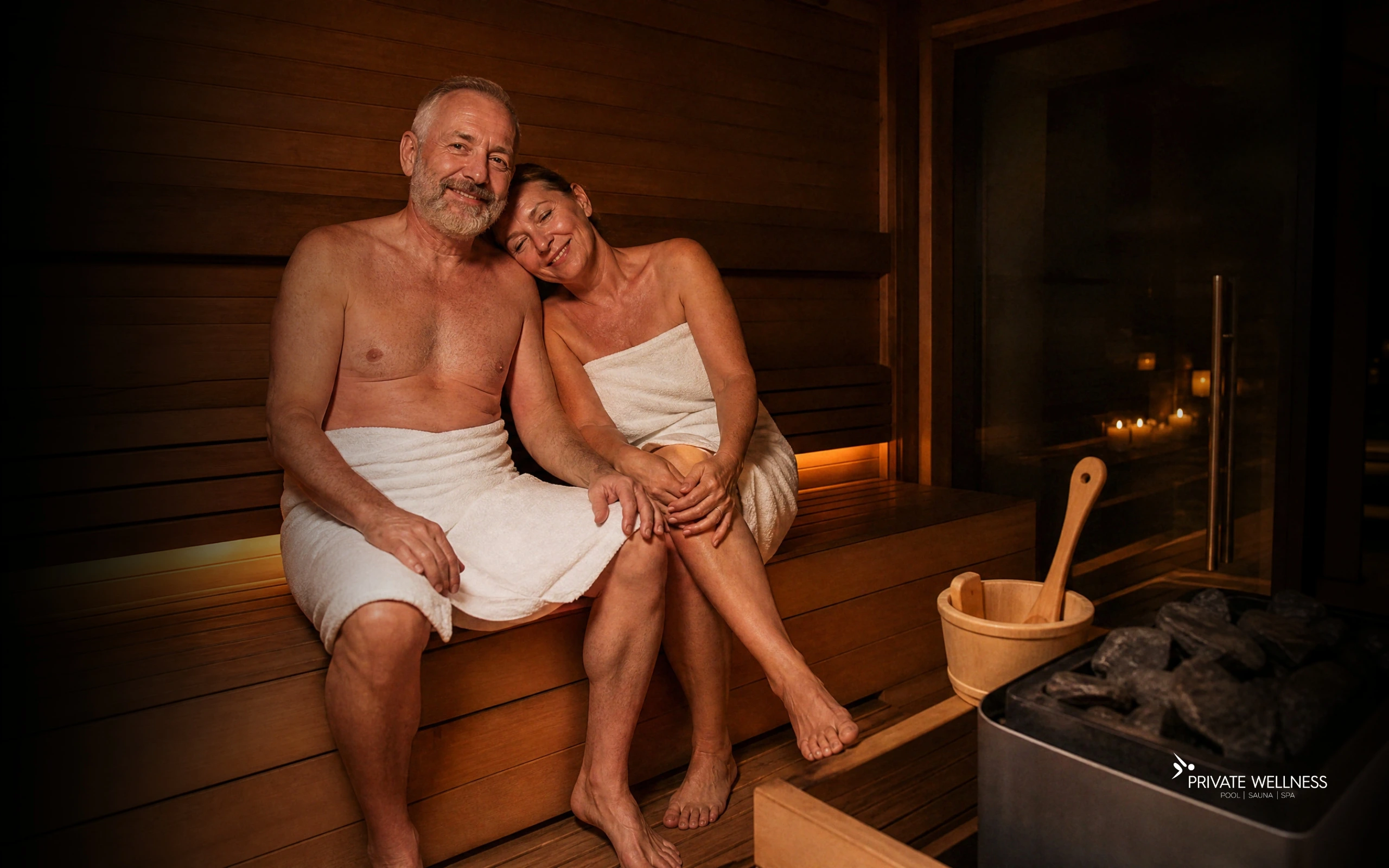 Older couple relaxing together in a private sauna at Private Wellness near Birmingham