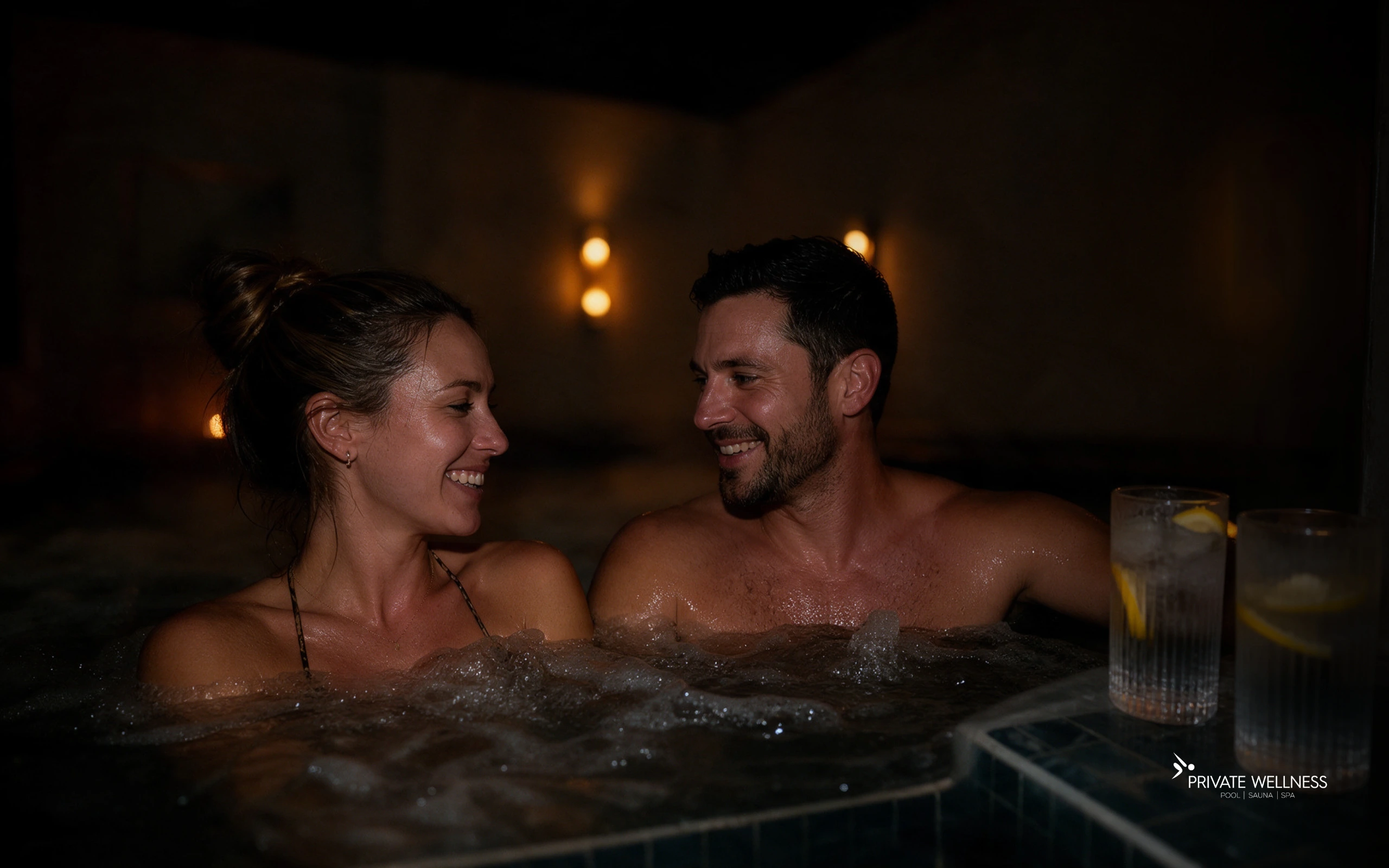 Couple relaxing together in a private hydrotherapy whirlpool at Private Wellness near Birmingham