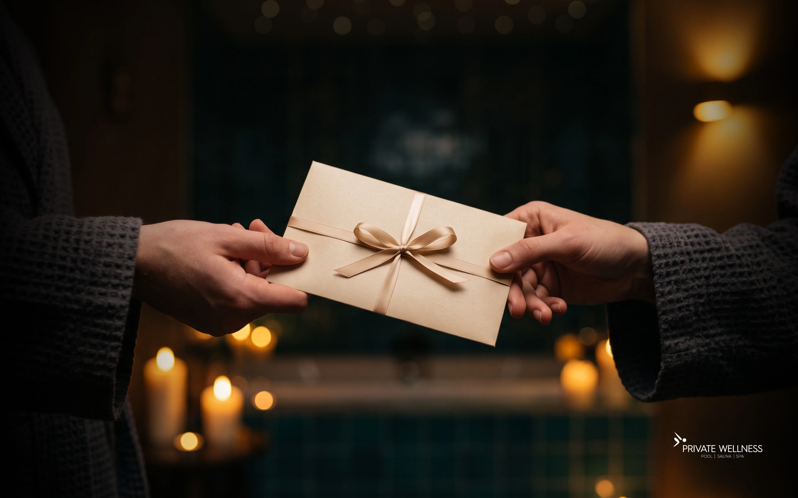 Hands passing a ribboned spa gift card envelope in a candlelit private spa