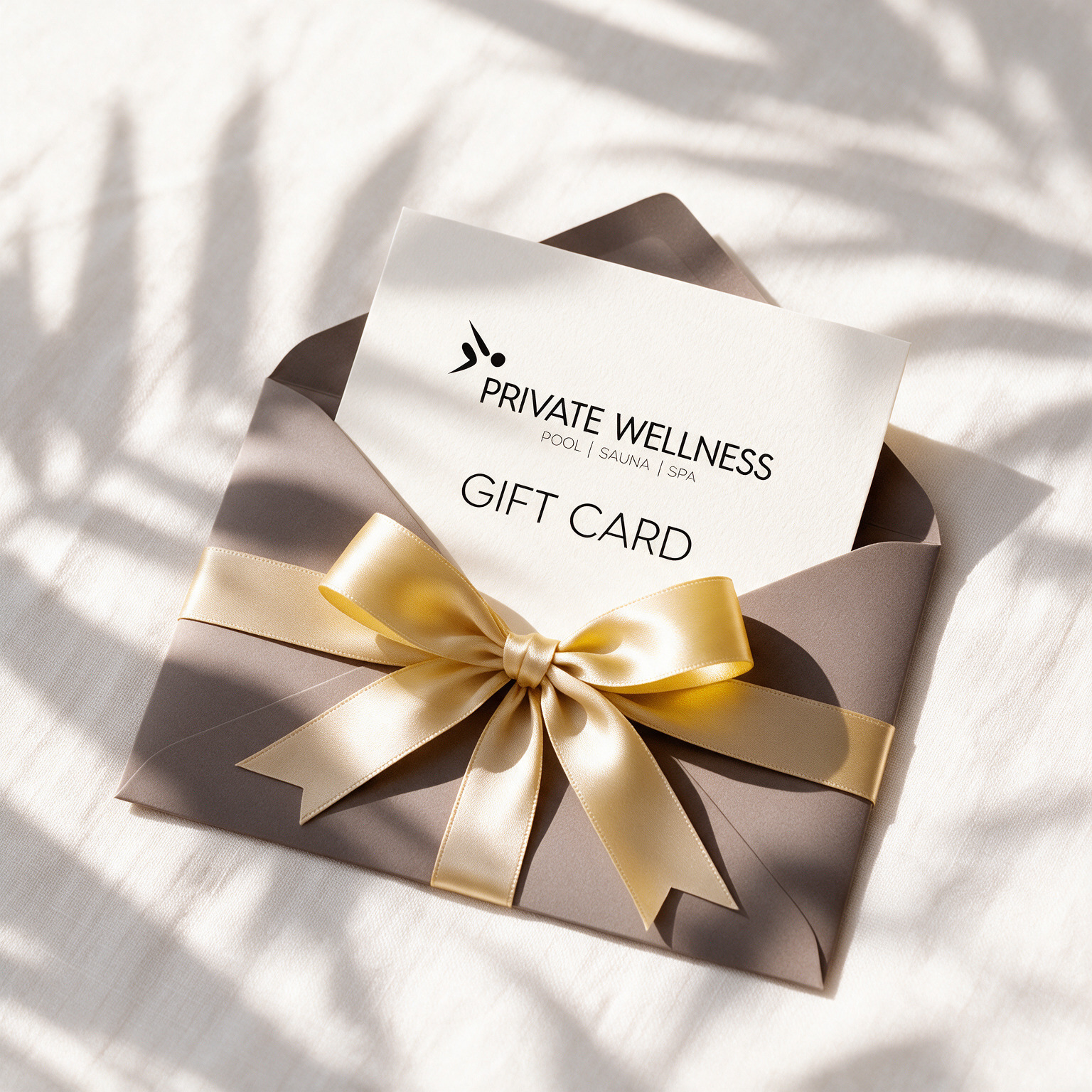 Private Wellness gift card in an envelope tied with a satin ribbon